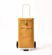 A front-facing product photo of the ochre Joyrolla Shopping Trolley, highlighting its eye-catching color and design. The cart is captured from the front, showcasing its sturdy frame, spacious bag, and convenient features. The ochre color adds a vibrant and stylish element to the cart's overall aesthetic. This Joyrolla Cart in ochre offers a practical and fashionable solution for effortless transportation of items, making it suitable for various purposes like shopping, travel, or everyday use