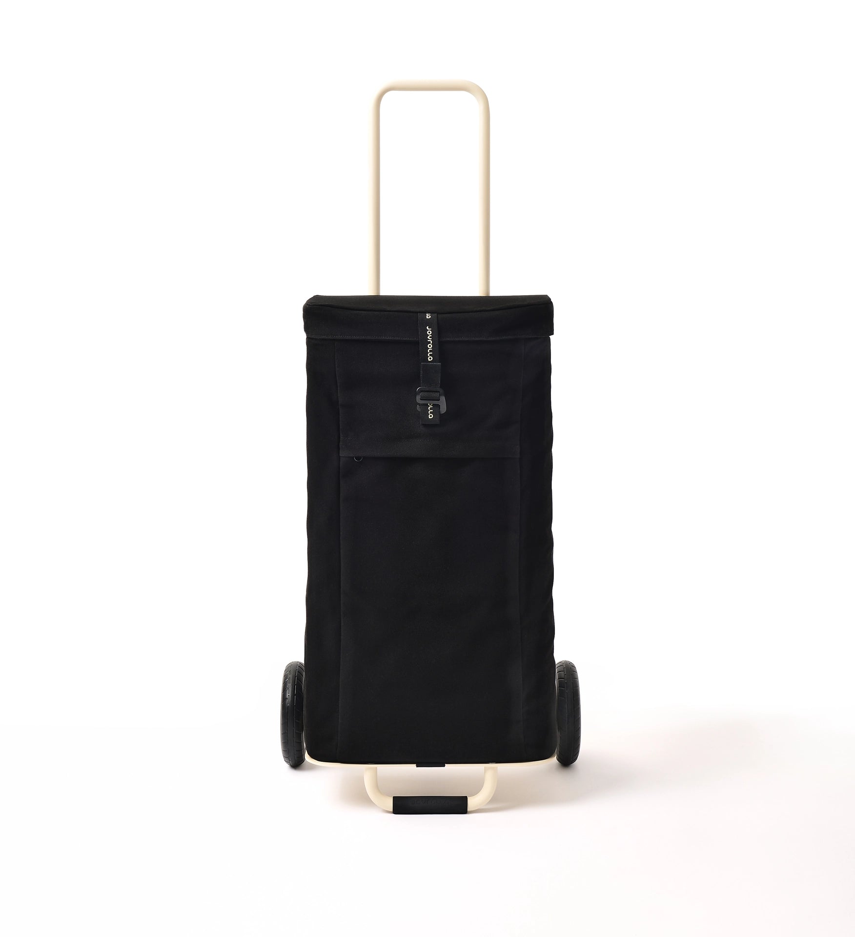 A sleek, black Joyrolla cart designed for effortless transportation. The cart features a sturdy frame with smooth-rolling wheels and a collapsible design for easy storage. Its spacious platform provides ample room for carrying various items. The black color adds a touch of elegance to the cart's appearance, making it a practical and stylish solution for transporting groceries, luggage, or other heavy loads.