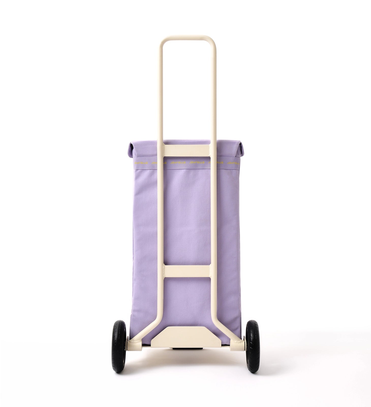 The back view of the Lilac Joyrolla Cart, emphasizing the logo detail on the bag and the strong, sturdy wheels. The wheels, visible from the back, are robust and built to handle various terrains, ensuring smooth and reliable transportation. This Lilac Joyrolla Cart combines style and durability, making it a practical choice for effortless rolling