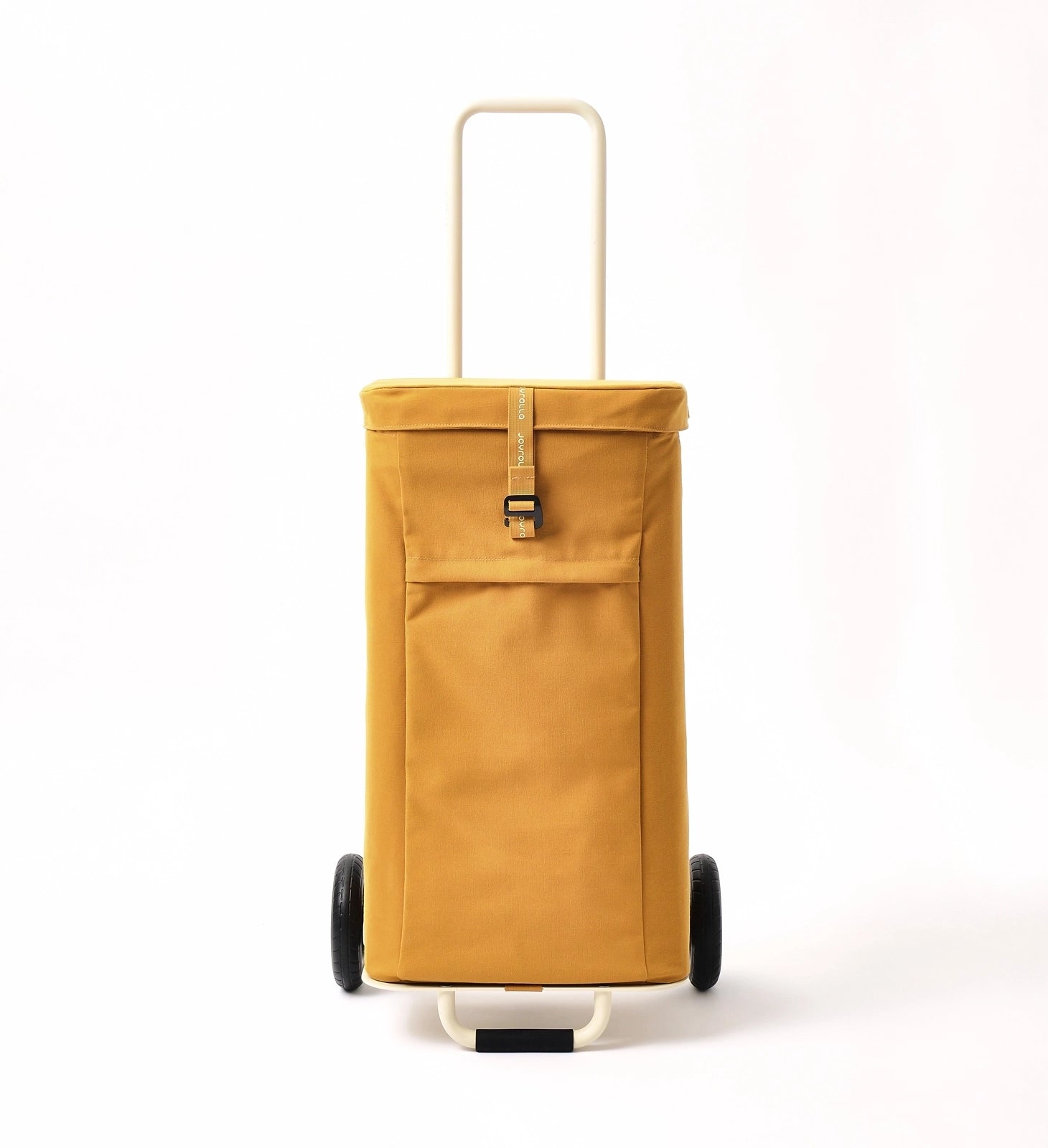 A front-facing product photo of the ochre Joyrolla Cart, highlighting its eye-catching color and design. The cart is captured from the front, showcasing its sturdy frame, spacious bag, and convenient features. The ochre color adds a vibrant and stylish element to the cart's overall aesthetic. This Joyrolla Cart in ochre offers a practical and fashionable solution for effortless transportation of items, making it suitable for various purposes like shopping, travel, or everyday use
